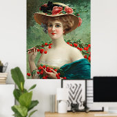 Vintage schöne Dame, Blume Hut & Kirschen Poster (Heimbüro)