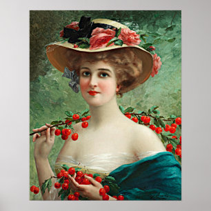 Vintage schöne Dame, Blumenhut und Kirschen Poster