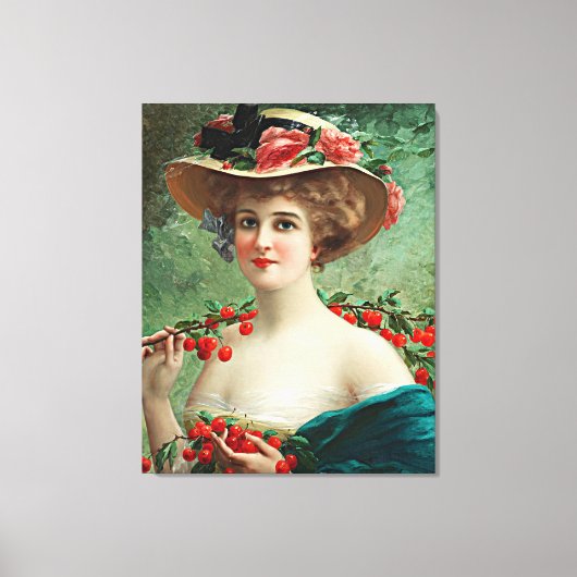 Vintage schöne Dame, Flower Hat & Cherries Leinwanddruck (Vorderseite)