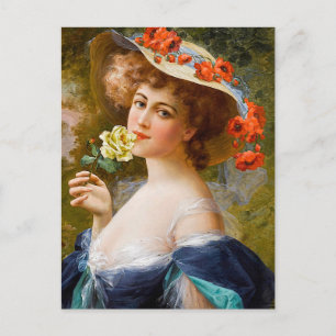 Vintage schöne Dame in Blau, gelbe Rose Blume Postkarte