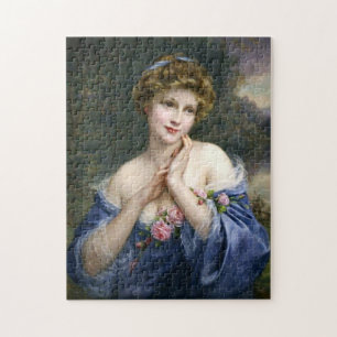 Vintage schöne Dame in Blau Puzzle
