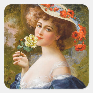 Vintage schöne Dame in der Blume Blaugelbe Rose Quadratischer Aufkleber