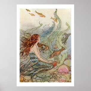 Vintage, schöne Girly Mermaid unter dem Meer Poster