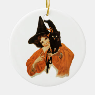 Vintage schöne Hexe mit schwarzer Katze auf der Sc Keramikornament