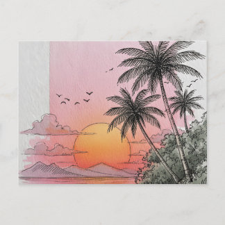 Vintage schöne Insel-Strand-Sonnenuntergangspostka Feiertagspostkarte