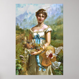 Vintage schöne Lady Blue Ribbon Weiße Blume Poster