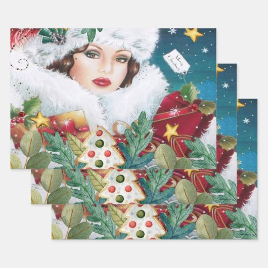 Vintage schöne Weihnachtsfrau Geschenkpapier Set (Set)