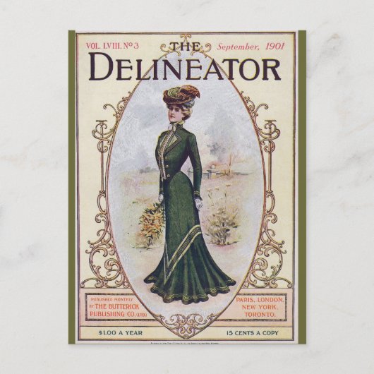 Vintage Schönheit im grünen Kleid Postkarte (Vorderseite)