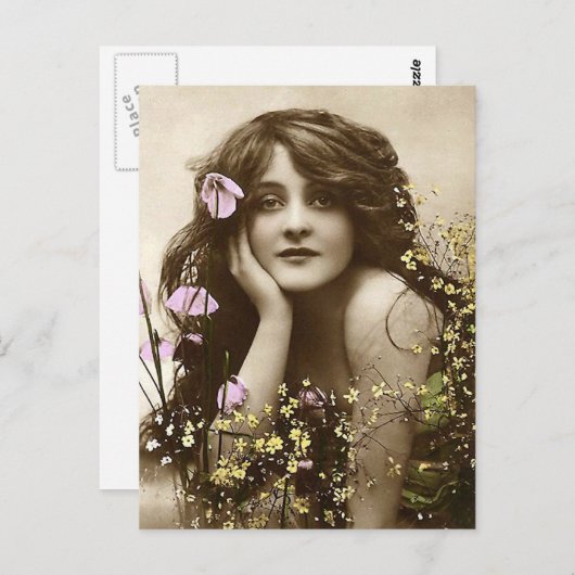 Vintage Schönheit mit Blume Postkarte (Vorne/Hinten)