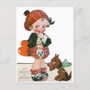 Vintage schottisches Kind mit Welpen zum Valentins Postkarte