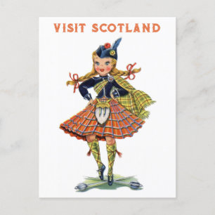 Vintage Schottland Schottische Frau Kilt Reise Postkarte