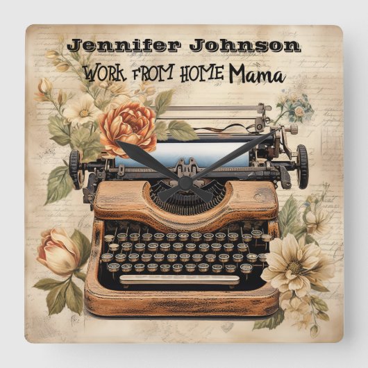 Vintage Schreibmaschinenarbeit von der Zuhause-Mam Quadratische Wanduhr (Vorderseite)
