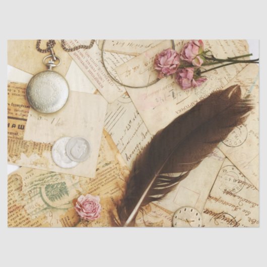 Vintage Schreibtischoberpapiere Rose & Feather Seidenpapier (Vorderseite)