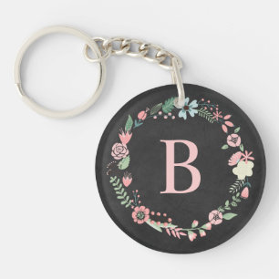 Vintage-Schultafel-Monogramm-Blumenkranz Schlüsselanhänger