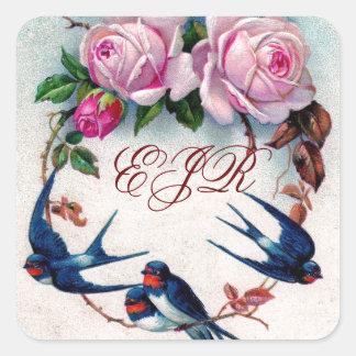 Vintage Schwalben und Rose am Zyanid Quadratischer Aufkleber