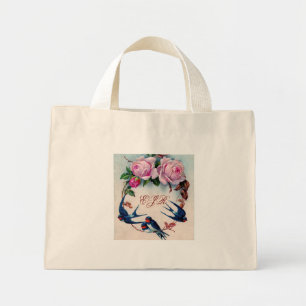 Vintage Schwalben und Rose auf Zyan Mini Stoffbeutel