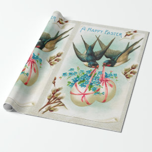 Vintage Schwalbenpaar und florale Ostereier Geschenkpapier
