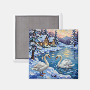 Vintage Schwäne auf einem Winter-Weihnachtssee-Gem Magnet