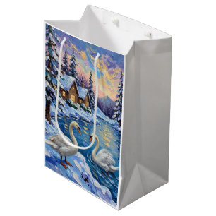Vintage Schwäne auf einem Winter-Weihnachtssee-Gem Mittlere Geschenktüte