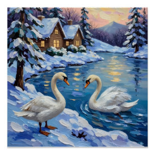 Vintage Schwäne auf einem Winter-Weihnachtssee-Gem Poster