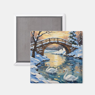 Vintage-Schwanfamilie unter schneebedeckter Brücke Magnet