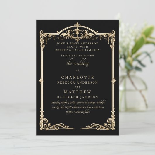 Vintage Schwarz Beide Eltern Rahmen Hochzeit Einladung (Stehend Vorderseite)