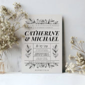 Vintage Schwarz & Creme Botanische Hochzeit Einladung