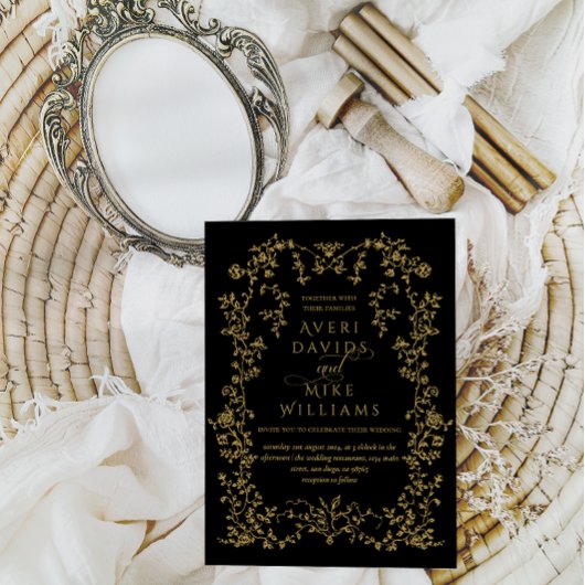 Vintage Schwarz-Gold-Blume-Hochzeit Einladung
