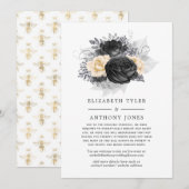 Vintage Schwarz-Gold-Blütensaft-Hochzeitsgäste Ankündigung (Vorne/Hinten)