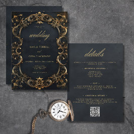 Vintage Schwarz-Gold-Rahmen-Zweiseitige Hochzeit Einladung