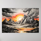 Vintage Schwarz-Grau-Berglandschaft Kunst Poster (Vorne)