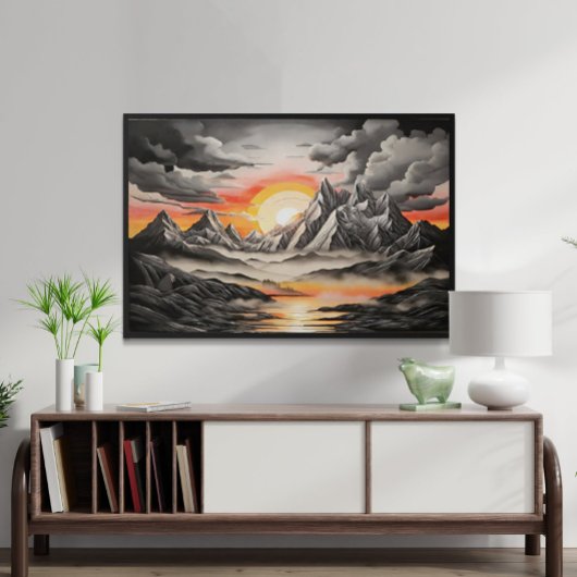 Vintage Schwarz-Grau-Berglandschaft Kunst Poster