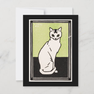 Vintage Schwarz Grün Weiß sitzende Katze Illustrat Mitteilungskarte