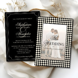 Vintage Schwarz Kariert Old Money Foto Hochzeit Einladung