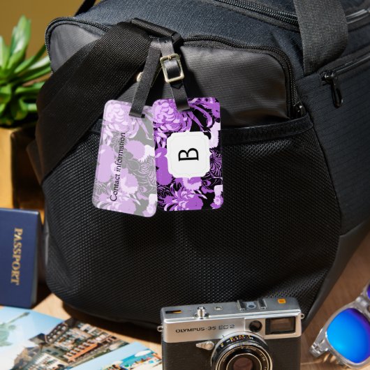 Vintage Schwarz-Lila-Blumen und Vögel Monogramm Gepäckanhänger (Vorderseite & Rückseite)