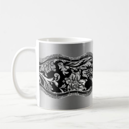 Vintage, schwarz-metallische Silberblumen-Damasken Kaffeetasse (Links)
