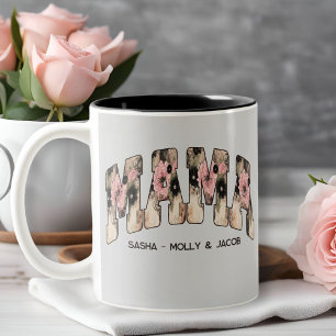 Vintage Schwarz/Rosa Blumenlatte Varsity Style Mam Zweifarbige Tasse