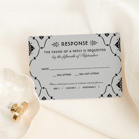 Vintage Schwarz-Silber Art Deco Hochzeit RSVP Karte