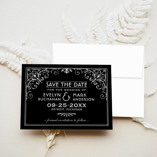 Vintage Schwarz-Silber Art Deco Hochzeit Save The Date