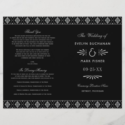 Vintage Schwarz-Silver Art Deco Hochzeitsprogramme (Vorderseite)