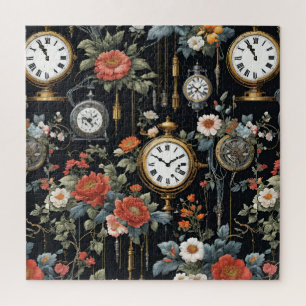 Vintage Schwarz-Tapeten-Gestaltung von Blumen und Puzzle