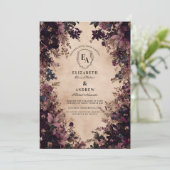 Vintage Schwarz- und Violettblumenhochzeit Einladung (Stehend Vorderseite)