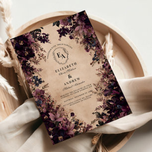 Vintage Schwarz- und Violettblumenhochzeit Einladung