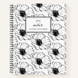 Vintage Schwarz-Weiß-Anemonen-Muster-Notizbuch Notizblock