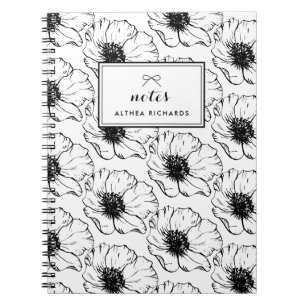 Vintage Schwarz-Weiß-Anemonen-Muster-Notizbuch Notizblock