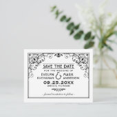 Vintage Schwarz-Weiß-Art-Déco-Hochzeit Save The Date (Stehend Vorderseite)