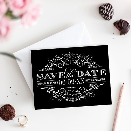 Vintage Schwarz-Weiß-Blüh-Hochzeit Save The Date