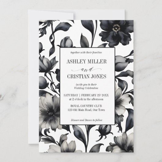 Vintage Schwarz-Weiß-Blume Einladung (Vorderseite)