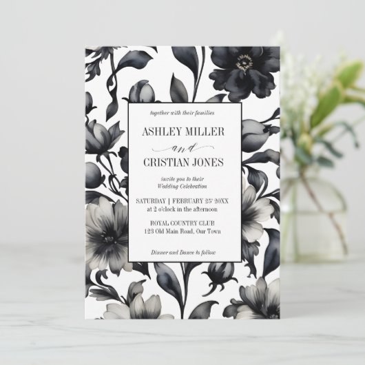 Vintage Schwarz-Weiß-Blume Einladung (Stehend Vorderseite)