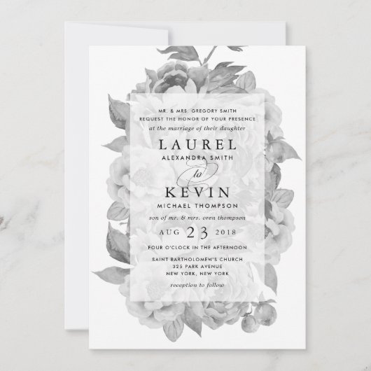 Vintage Schwarz-Weiß-Blumen-Hochzeit Einladung (Vorderseite)